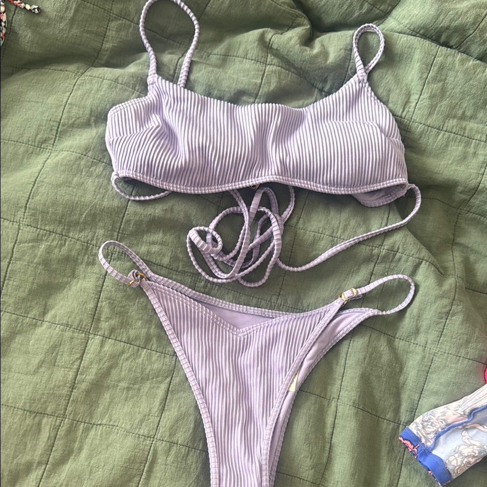 Lavender Striped Bikini Set top s , bottom xs